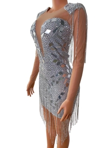 Vestido de fiesta de lentejuelas de cristal plateado con escote en V profundo, para mujer, fiesta de boda, baile latino, ceñido al cuerpo - Product Image 3