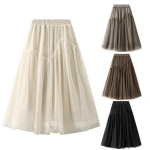 Fairy 3 Layers Tulle Long Midi Skirt for Women 2023 Elegant Solid Black Apricot A Line High Waist Mid-length Mesh Skirt SR1436