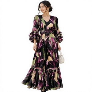 Robe longue élégante en mousseline à imprimé floral bohème, col en V, manches à volants, coupe trapèze ample, pour soirée d'été, taille naturelle, ourlet plissé - Product Image 1
