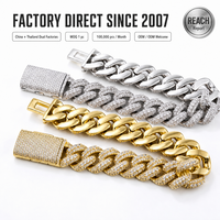 Bracelet chaîne cubaine 15 mm sertie de zircons cubiques et de moissanite, sertissage à la main, longueur personnalisée, fabrication OEM ODM Miami Cuban