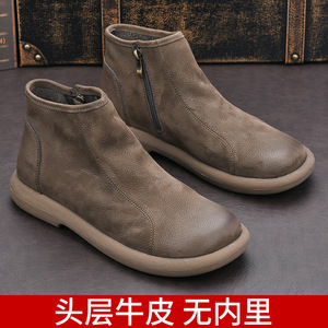 Genuine Leather Men's Chelsea Boots Ankle <b>Round</b> <b>Toe</b> Flat <b>Heel</b> Soft Rubber Outsole Solid Style - Product Image 5