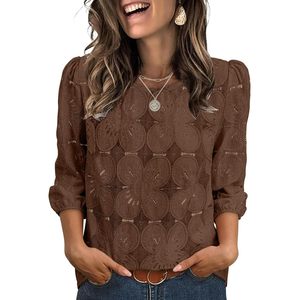Women's Lace Blouse Dark Brown 3/4 Sleeve Casual <b>Top</b> Floral Print Sheer <b>Layer</b> Everyday Wear - Product Image 1