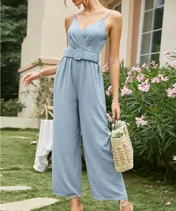 Zomer V-hals Geplooide Backless Verstelbare Bandjes Riem Losse Playsuit Lichtblauw Breed Been Sexy Vrouwen Jumpsuit Met Ritsen