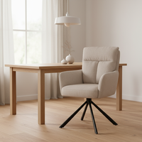 Chaise de salle à manger pivotante moderne nordique personnalisée en tissu avec pieds en métal noir, retour automatique à 180°, pour salon et restaurant