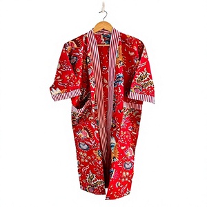 <b>Women</b> Red Floral Printed <b>Kimono</b> Robe Short Sleeve Full Length Casual Wear 100% Cotton Woven Sleepwear - Product Image 1