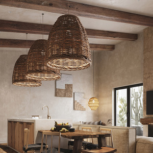 Lustre rétro en rotin E27, lampe suspendue ronde à LED pour salle à manger, salon, maison d'hôtes, magasin, luminaire de style japonais - Product Image 1