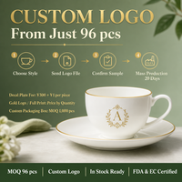 Ensemble tasse à café et soucoupe en porcelaine fine de style britannique européen avec bord doré, certifié FDA et CE, en stock, MOQ 96