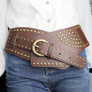 <span class=keywords><strong>Ceinture</strong></span> large vintage pour femme, <span class=keywords><strong>ceinture</strong></span> élastique à clous, <span class=keywords><strong>ceinture</strong></span> extensible avec rivets, <span class=keywords><strong>boucle</strong></span> en métal - Product Image 2