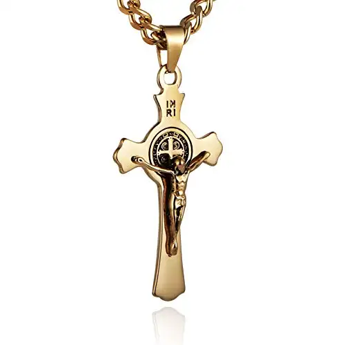 Religion Stainless Steel Gold Plated Saint St St. Benedict Crucifix Cross Pendants Necklace For Men And Women