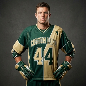 Camiseta de Lacrosse Personalizada Unisex con Cuello en V, Transpirable, de Malla, Manga Corta, Antibacteriana, Impresión Digital, Verde Dorado, Número de Equipo 44 - Product Image 1