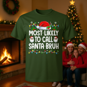Camiseta de manga corta con estampado digital de cuello redondo unisex para adultos, con diseño de humor navideño y la frase 'Most Likely To Call Santa' - Product Image 3