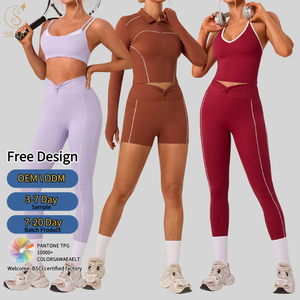 Nuovo Set Yoga da Donna Personalizzato: Leggings Traspiranti Modellanti, Reggiseno Sportivo Color Block, Pantaloncini da Palestra, Top Halter e Giacca Elasticizzata - Product Image 1