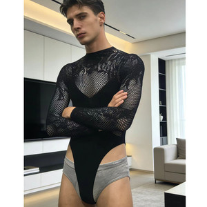Combinaison en maille à manches longues pour homme, noire, en spandex et polyester, pour la danse sur scène - Product Image 2