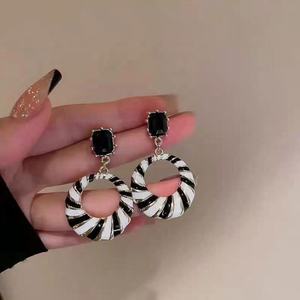 Fashion Leopard Print <b>Gold</b> Plated Zinc Alloy Women's Drop <b>Earrings</b> <b>Black</b> White Striped Accessories Big Circle Hoops Geometric - Product Image 1
