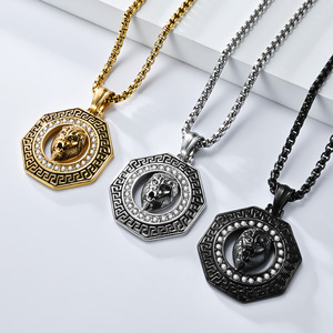 yunnique cross-border new hip-hop rhinestone Great Wall pattern lion head <b>titanium</b> steel necklace, personalized jew - Product Image 2