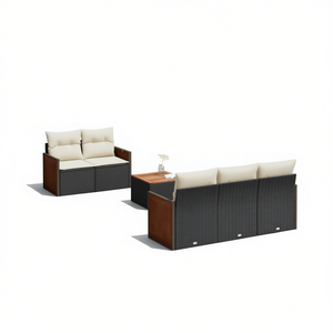 Black <b>Rattan</b> Garden <b>Sofa</b> Set 6 Seater Weather Resistant Outdoor Furniture Contemporary Design Teak Wood Frame - Product Image 1