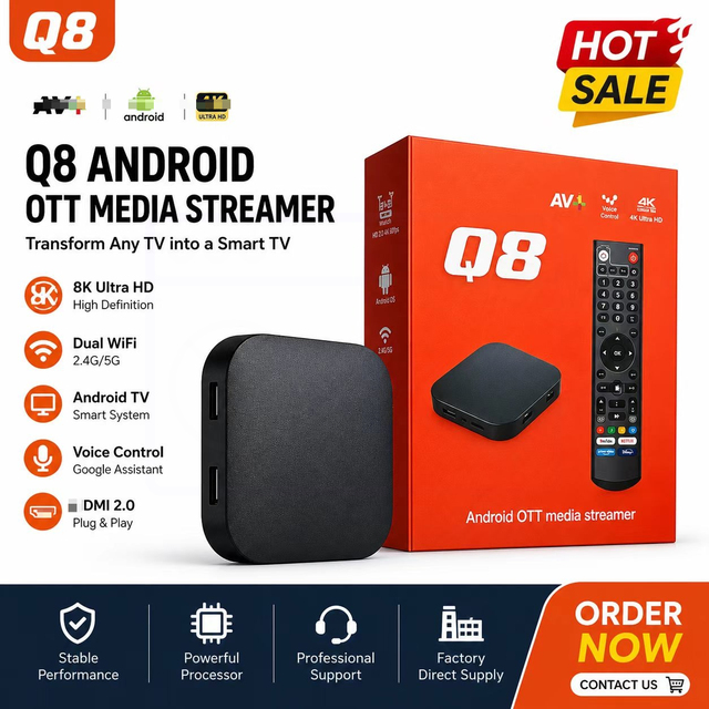 High Performance Q8 Smart TV Box Android 11.0 ATV Amlogic S905Y4 4GB 32GB Dual Band WiFi 2.4G/5G BT5.0 4K UHD Streaming Player