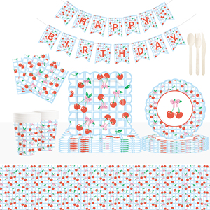 Juego de Vajilla Desechable DAMAI con Diseño de Cereza para Fiestas Infantiles, Platos, Vasos y Servilletas de Papel en Color Azul Claro - Product Image 1