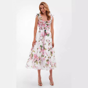 Vestido de Noche Midi de Organza con Estampado Floral y Hombros Descubiertos, Cintura Imperio, Capa Transparente, Vestido de Moda - Product Image 1