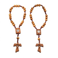 Bracelet chapelet en bois naturel avec croix, perles de 8 mm en pin, Jésus et Marie dorées, corde tressée, bijoux de Pâques, vente en gros