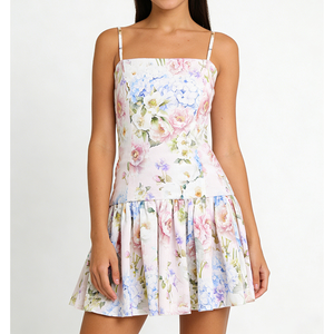 Abito Estivo Elegante e <span class=keywords><strong>Sexy</strong></span> con Spalline Sottili, Senza Maniche, Casual, <span class=keywords><strong>Mini</strong></span>, Romantico con Stampa Floreale, Produzione Personalizzata - Product Image 1
