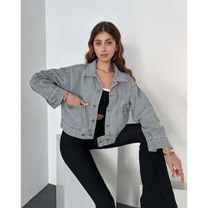 Chaqueta vaquera asimétrica negra con detalle de botones en la cintura, abrigo de algodón para mujer - Product Image 2