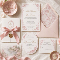 Undangan Pernikahan Pink Blush Romantis Set Mawar Tinta Emas Muda Kertas Mewah Embossed Kartu Ucapan yang Dapat Disesuaikan