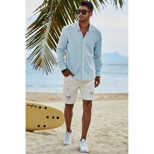 Chemise boutonnée en coton et lin pour homme FOXA, manches longues, respirante, chemise habillée décontractée pour le travail - Product Image 5