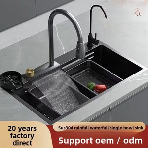 Évier <span class=keywords><strong>de</strong></span> cuisine moderne en acier inoxydable noir fin avec <span class=keywords><strong>robinet</strong></span> cascade et fonction jet d'eau pour lavage <span class=keywords><strong>de</strong></span> légumes - Product Image 5