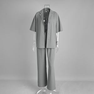 100% 면 투피스 여름옷 맞춤 로고 오버사이즈 반팔 셔츠와 와이드 레그 팬츠 코디 세트 여성용 - Product Image 4