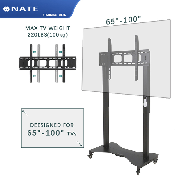 SPCC Steel Mobile Height Adjustable Tv Trolley Cart Floor Tv Stand with Wheel Caters for 65-100 Inch Television