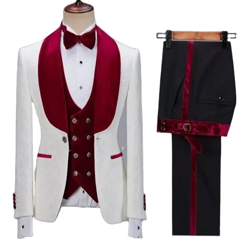 Newest Pattern Men Suits Burgundy Velvet Shawl Lapel Wedding Tuxedo Terno Masculino Prom Groom 2 Pcs Slim Fit Blazer Jacket+Pant