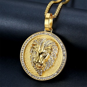 Collar con Colgante Redondo de Cabeza de León HipHop, de Acero Inoxidable con Zirconia, Chapado en Oro de 18k, con Cadena de Caja, para Regalo de Compromiso o Fiesta - Product Image 1