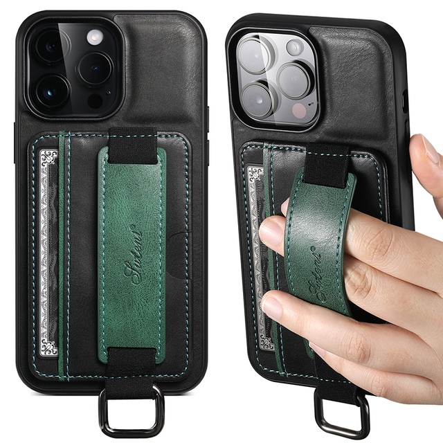 SUTENI for iPhone 18 Pro Max Phone Case Wrist Strap Ring Buckle Card Holder Stand Smooth Material Faux Leather 17 16 Plus 15 14