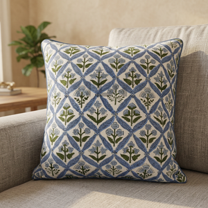 Ridhi Coastal <b>Blue</b> Cotton Western Floral Block Print <b>Throw</b> Cushion Covers Removable Washable Envelope Closure Living Room - Product Image 3