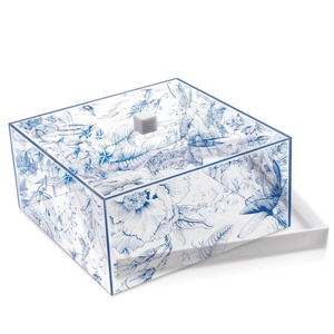 <strong>Blue</strong> Floral Acrylic Challah Box Toile Print Cake Dome Square Bread Cover White Base Shabbos Wholesale Judaica Custom OEM - Product Image 2
