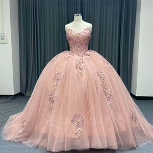 ANY257 Impresionante Vestido de Quinceañera Rosa sin Tirantes con Apliques de Flores, Cuentas de Cristal, Cintura Natural y Estampado - Product Image 1