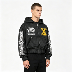 Wholesale Manufacturer Black Vintage Washed Chenille Patch Rhinestone Cropped Zip up Hoodie Varsity Streetwear Hoodie - Product Image 2