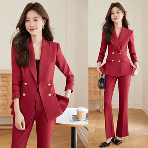 Women's Red Double-Breasted Suit Set Full Sleeve Notched Collar Elegant Office Wear - Product Image 1