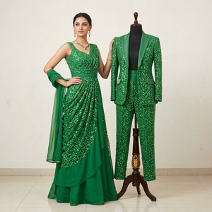Tissu en filet brodé de sequins de qualité supérieure |   Matériaux de couture et de broderie de créateur en gros pour robes, lehengas et dupattas - Product Image 1
