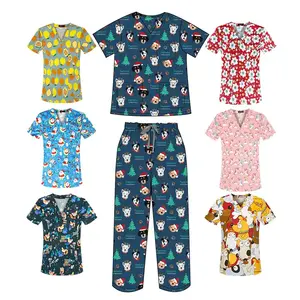 Vente chaude trois poches styliste Scrubs hauts femmes vêtements de travail col en V 100% coton Polyester imprimé Scrubs uniforme motif coloré - Product Image 6