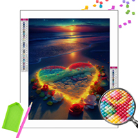 DIY Diamant Schilderij Kit voor Volwassenen Groothandel 5D Volledige Boor Valentijnsdag Lichtgevend Hart en Rozen Bloemen aan Zee