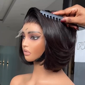 13x4 pelucas de corte Pixie Frontal de encaje HD sin pegamento pelucas rectas en capas onduladas cortas SDD corte Romo Bob corto Peluca de encaje completo <span class=keywords><strong>cabello</strong></span> humano - Product Image 3