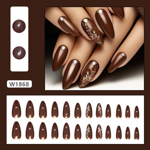24 Pièces Faux Ongles en ABS à Couverture Complète, Effet Feuille d'Or Ambre Brillant, Forme Amande Embossée, Style Français, pour Femmes, à Coller - Product Image 2