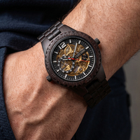 Montre de luxe pour homme, squelette, logo personnalisé, bois de santal noir naturel, automatique, mécanique, acier inoxydable, tourbillon
