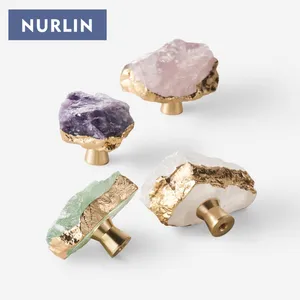 NURLIN Brass Crystal Gem Electroplated Gold Edge Decoration Luxury Furniture Cabinet Door Drawer Handle Knob Wall Hook