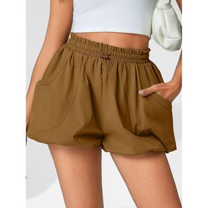 Fisoew Womens High <b>Waisted</b> Bubble Shorts Drawstring <b>Elastic</b> With Pockets Brown Athletic Summer Workout Shorts - Product Image 2