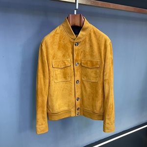 Luxury Men's Yellow <b>Suede</b> Loro <b>Bomber</b> <b>Jacket</b> Stand Collar Casual Autumn Piana Regular Fit Button Closure Solid Color - Product Image 1