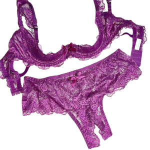 Lencería Sexy de Encaje Morado, Diseño Push-Up, Realza los Bustos Pequeños, Copas con Aros, Copas Acolchadas, Tela Transparente de Grado Alimenticio - Product Image 1