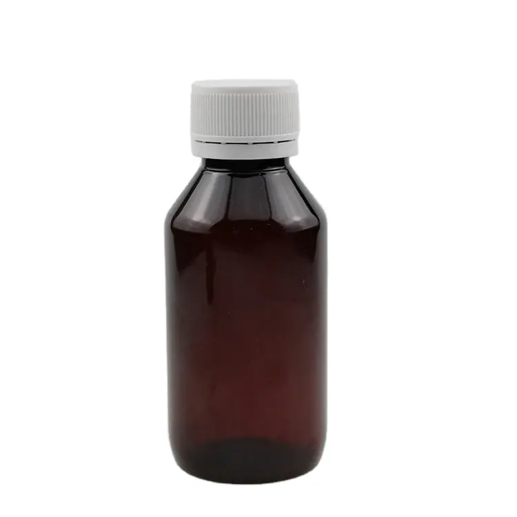 Vente chaude 4 oz pet rond ambre bouteille en plastique avec bouchon crc pour sirop médecine